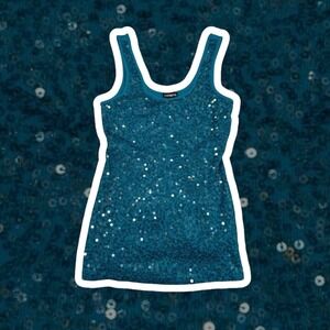 Y2K Express Teal Blue Sequin Front Ribbed Fitted Tank Top Small Party Bling